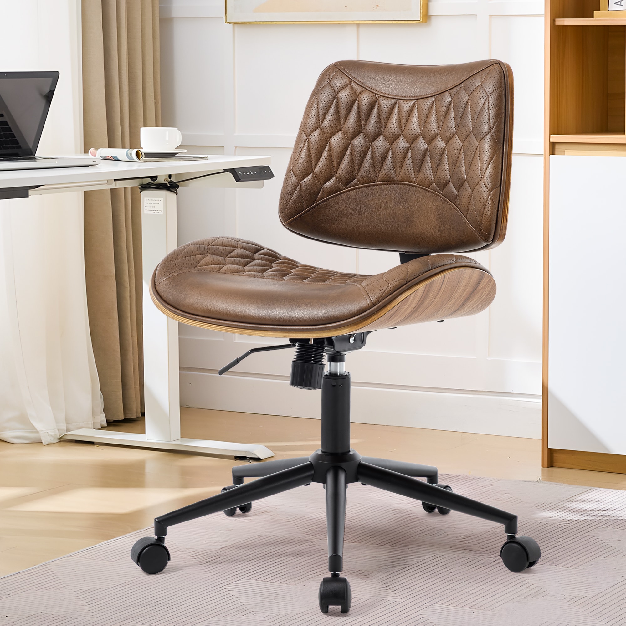 Armless Office Chair With Wheels, Adjustable Height Mid Back Small Desk Chair, Modern Walnut Bentwood Back, PU Leather Swivel Rolling Computer Task Chair For Home Office, Meeting Room, Study, Set Of 1_voghion.com
